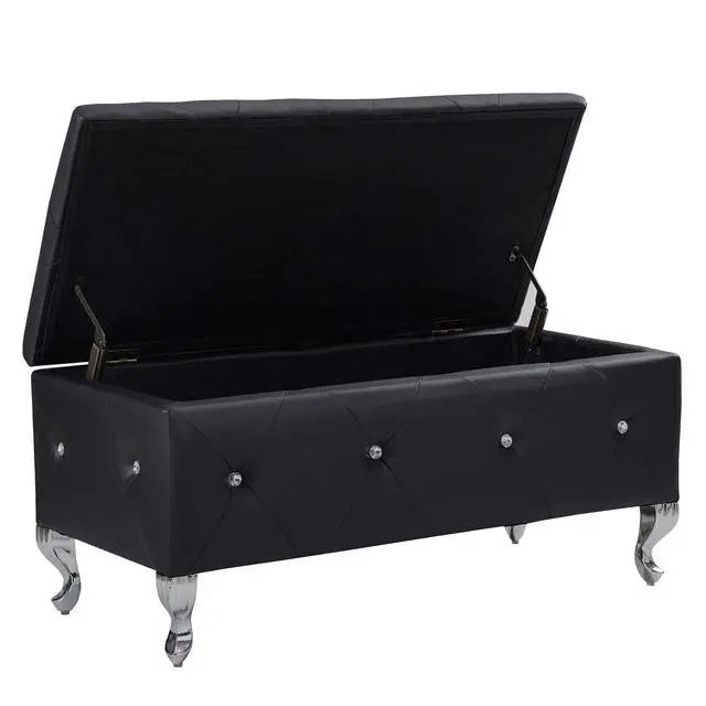 Alt view image 2 of 7 - Upholstered Storage Ottoman Bench For Bedroom End Of Bed Faux Leather Rectangular Storage Benches Footrest With Crystal Buttons For Living Room Entryway (Black)