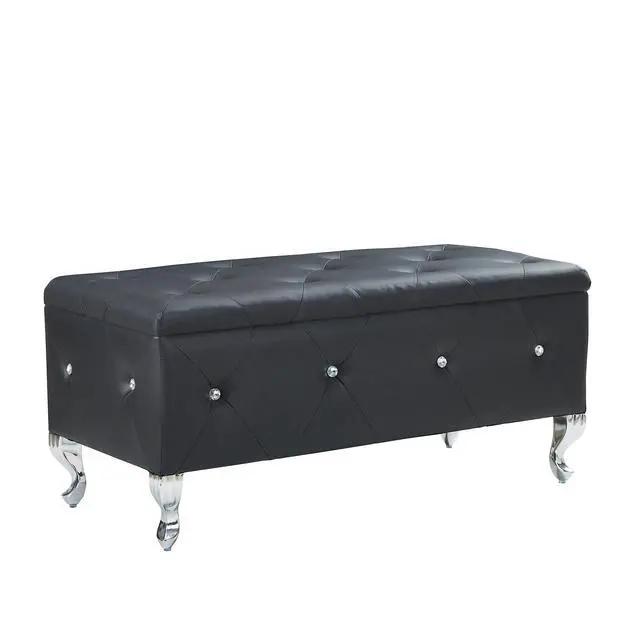 Alt view image 3 of 7 - Upholstered Storage Ottoman Bench For Bedroom End Of Bed Faux Leather Rectangular Storage Benches Footrest With Crystal Buttons For Living Room Entryway (Black)