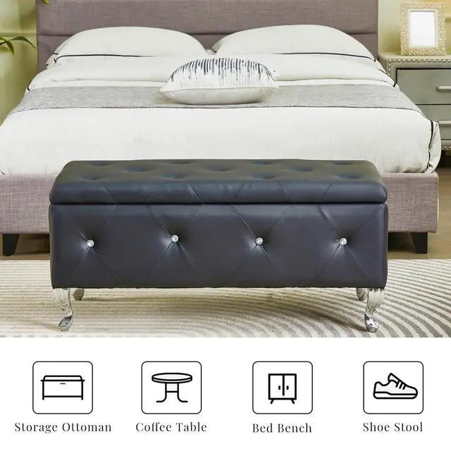 Alt view image 4 of 7 - Upholstered Storage Ottoman Bench For Bedroom End Of Bed Faux Leather Rectangular Storage Benches Footrest With Crystal Buttons For Living Room Entryway (Black)