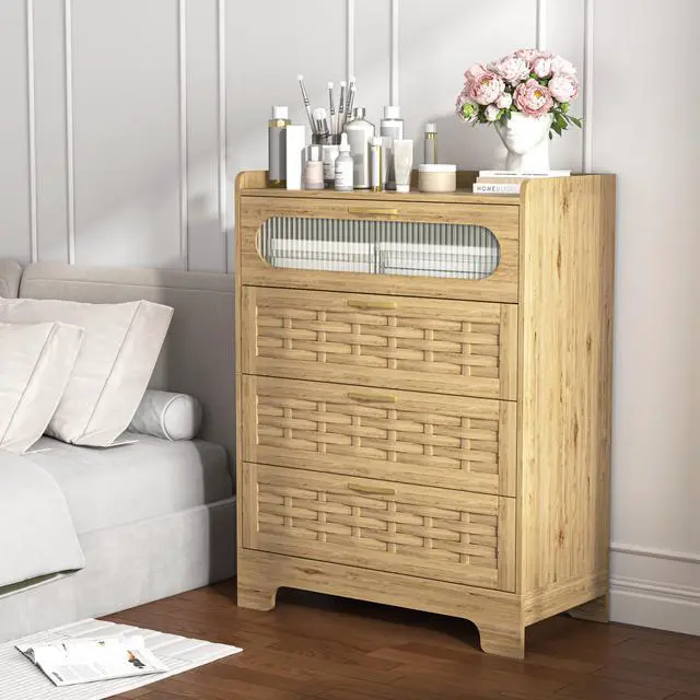 Alt view image 3 of 7 - Wood 4 Drawer Dresser for Bedroom, Large Double Dresser with Wide Drawers, Modern Chest of Drawers,Storage Organizer Dresser,Nursery Dresser,for Living Room, Hallway, Bedroom, Kids Bedroom