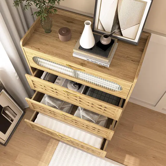 Alt view image 2 of 7 - Wood 4 Drawer Dresser for Bedroom, Large Double Dresser with Wide Drawers, Modern Chest of Drawers,Storage Organizer Dresser,Nursery Dresser,for Living Room, Hallway, Bedroom, Kids Bedroom