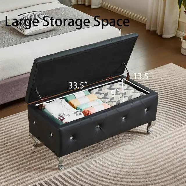 Alt view image 6 of 7 - Upholstered Storage Ottoman Bench For Bedroom End Of Bed Faux Leather Rectangular Storage Benches Footrest With Crystal Buttons For Living Room Entryway (Black)