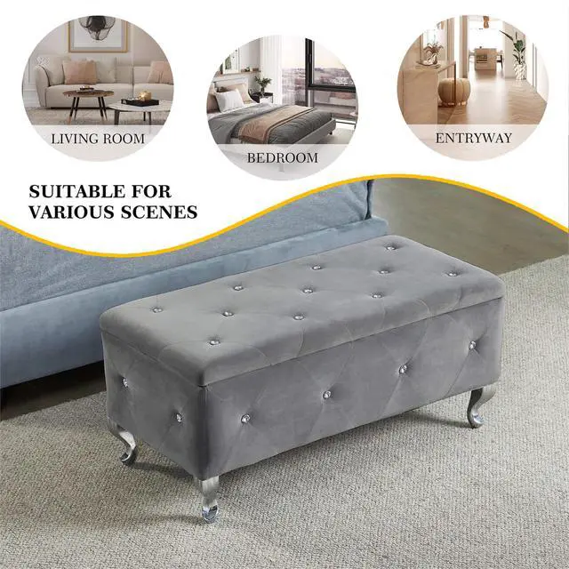 Alt view image 4 of 7 - Tufted Storage Ottoman Bench For Bedroom End Of Bed Large Upholstered Storage Benches Footrest With Crystal Buttons For Living Room Entryway (Grey)
