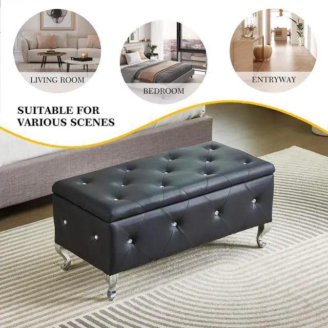 Alt view image 7 of 7 - Upholstered Storage Ottoman Bench For Bedroom End Of Bed Faux Leather Rectangular Storage Benches Footrest With Crystal Buttons For Living Room Entryway (Black)