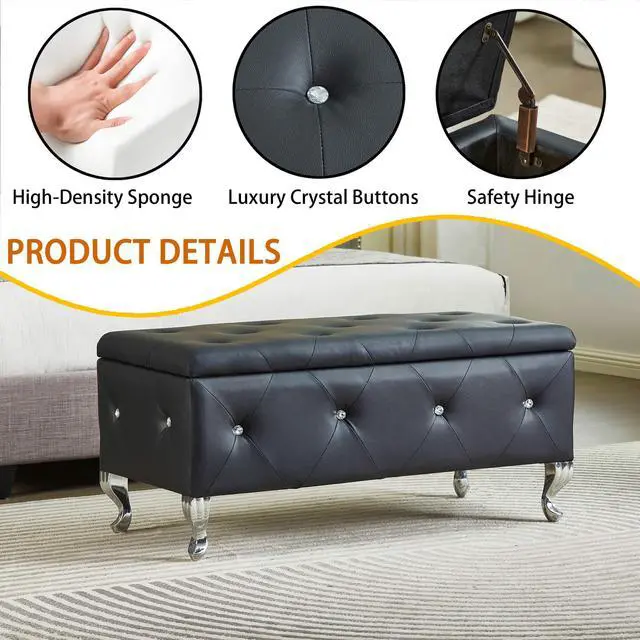Alt view image 5 of 7 - Upholstered Storage Ottoman Bench For Bedroom End Of Bed Faux Leather Rectangular Storage Benches Footrest With Crystal Buttons For Living Room Entryway (Black)
