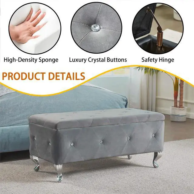 Alt view image 5 of 7 - Tufted Storage Ottoman Bench For Bedroom End Of Bed Large Upholstered Storage Benches Footrest With Crystal Buttons For Living Room Entryway (Grey)