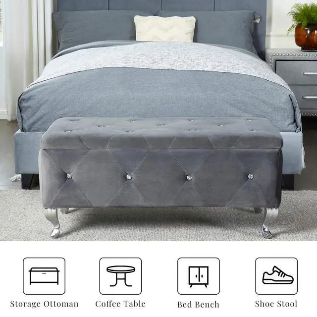 Alt view image 7 of 7 - Tufted Storage Ottoman Bench For Bedroom End Of Bed Large Upholstered Storage Benches Footrest With Crystal Buttons For Living Room Entryway (Grey)