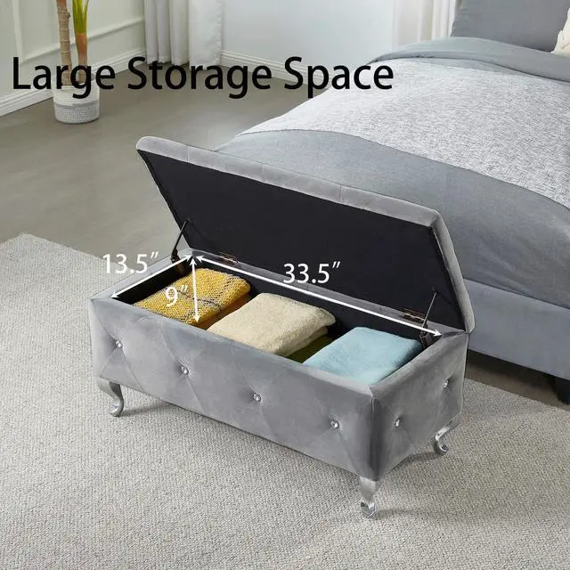Alt view image 6 of 7 - Tufted Storage Ottoman Bench For Bedroom End Of Bed Large Upholstered Storage Benches Footrest With Crystal Buttons For Living Room Entryway (Grey)