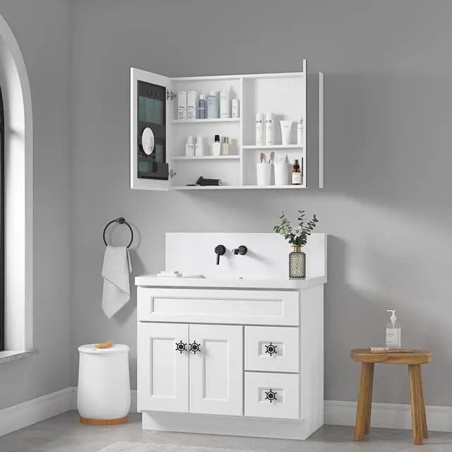 Alt view image 2 of 6 - 36'' W x 26'' H Surface Frameless Mirror Medicine Cabinet, Beveled Mirror Edges Bathroom Medicine Cabinet
