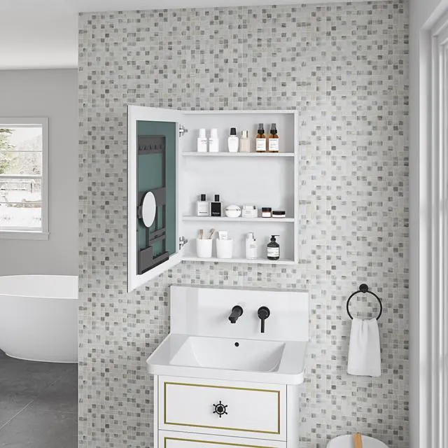 Alt view image 4 of 5 - 24'' W x 30'' H Surface Frameless Mirror Medicine Cabinet, Beveled Mirror Edges Bathroom Medicine Cabinet, Left opening door