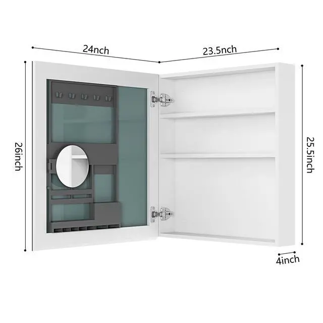 Alt view image 6 of 6 - 24'' W x 26'' H Surface Frameless Mirror Medicine Cabinet, Beveled Mirror Edges Bathroom Medicine Cabinet, Left opening door