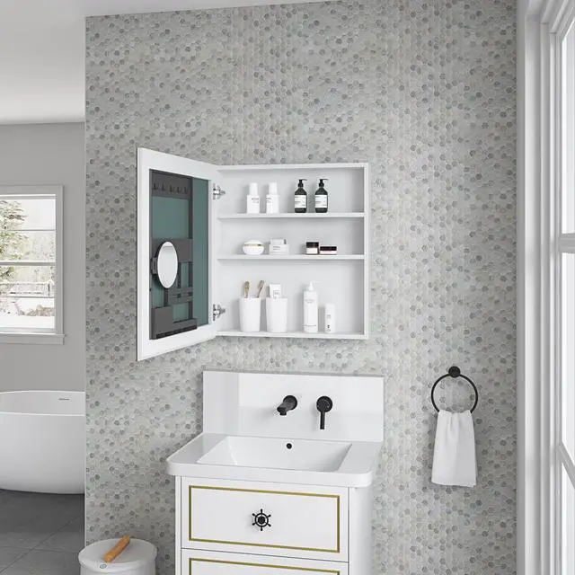 Main image of 24'' W x 26'' H Surface Frameless Mirror Medicine Cabinet, Beveled Mirror Edges Bathroom Medicine Cabinet, Left opening door