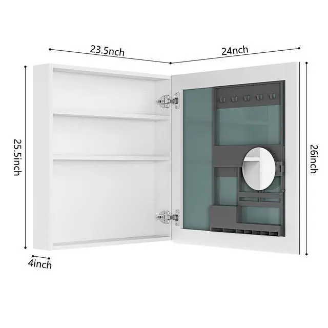 Alt view image 6 of 6 - 24'' W x 26'' H Surface Frameless Mirror Medicine Cabinet, Beveled Mirror Edges Bathroom Medicine Cabinet, Right opening door