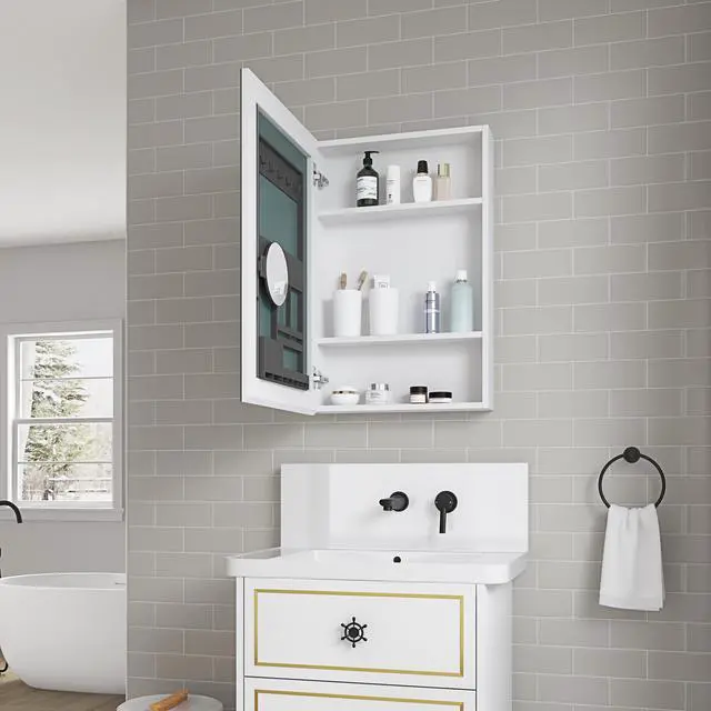 Alt view image 3 of 6 - 20'' W x 30'' H Surface Frameless Mirror Medicine Cabinet, Beveled Mirror Edges Bathroom Medicine Cabinet, Left opening door