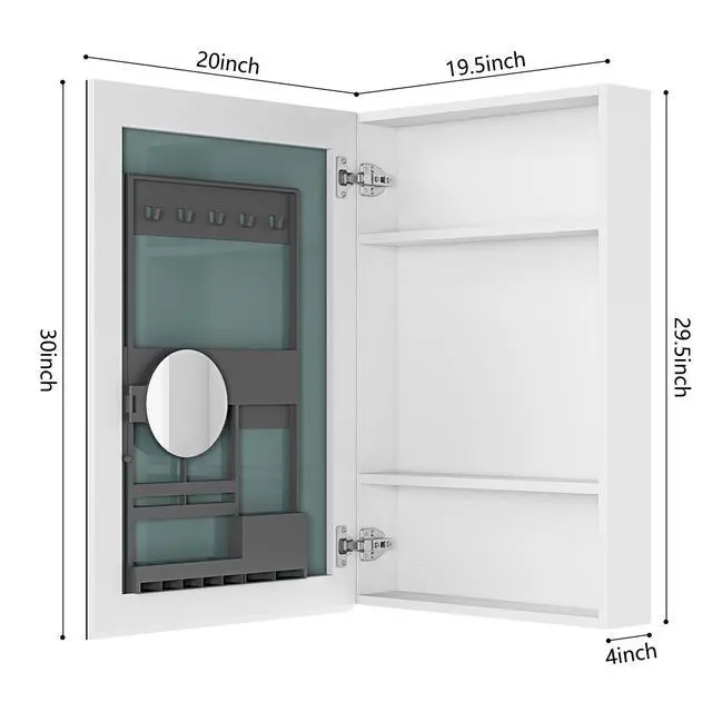 Alt view image 6 of 6 - 20'' W x 30'' H Surface Frameless Mirror Medicine Cabinet, Beveled Mirror Edges Bathroom Medicine Cabinet, Left opening door
