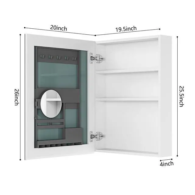 Alt view image 6 of 6 - 20'' W x 26'' H Surface Frameless Mirror Medicine Cabinet, Beveled Mirror Edges Bathroom Medicine Cabinet, Left opening door