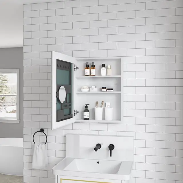 Alt view image 3 of 6 - 20'' W x 26'' H Surface Frameless Mirror Medicine Cabinet, Beveled Mirror Edges Bathroom Medicine Cabinet, Left opening door