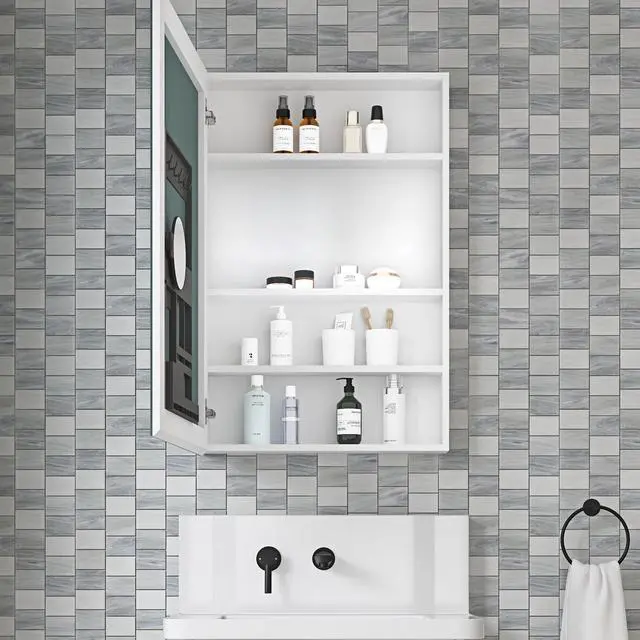 Alt view image 2 of 6 - 24'' W x 36'' H Surface Frameless Mirror Medicine Cabinet, Beveled Mirror Edges Bathroom Medicine Cabinet, Left opening door