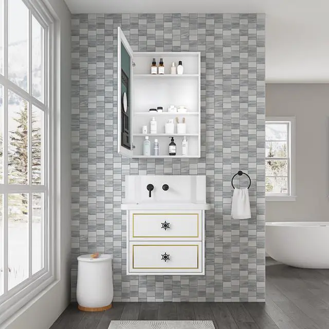 Alt view image 5 of 6 - 24'' W x 36'' H Surface Frameless Mirror Medicine Cabinet, Beveled Mirror Edges Bathroom Medicine Cabinet, Left opening door