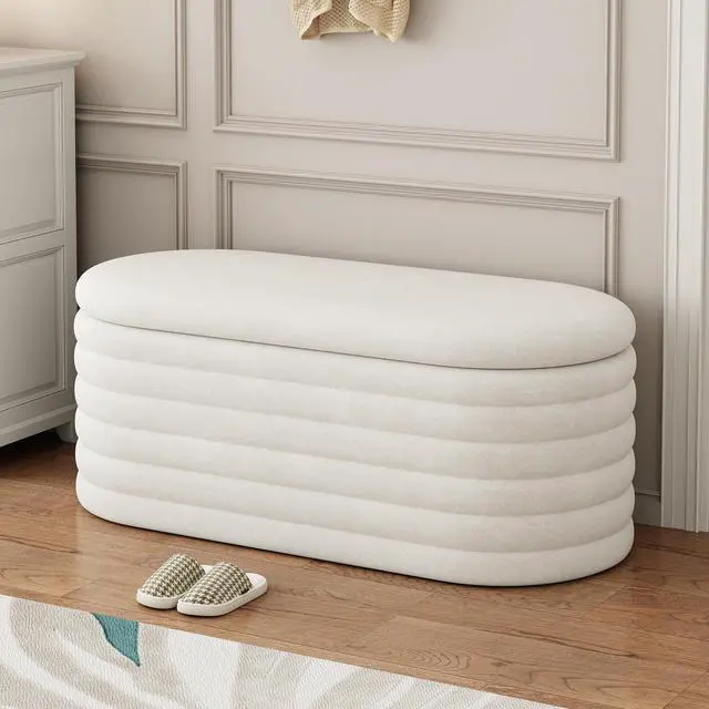 Alt view image 2 of 7 - Storage Chenille Ottoman Bench Upholstered Fabric Storage Bench End of Bed Stool with Safety Hinge for Bedroom, Living Room, Entryway, Closet(40-inch, White)