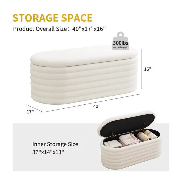 Alt view image 4 of 7 - Storage Chenille Ottoman Bench Upholstered Fabric Storage Bench End of Bed Stool with Safety Hinge for Bedroom, Living Room, Entryway, Closet(40-inch, White)