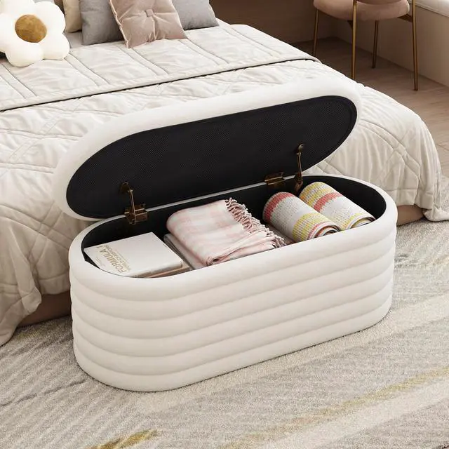 Alt view image 3 of 7 - Storage Chenille Ottoman Bench Upholstered Fabric Storage Bench End of Bed Stool with Safety Hinge for Bedroom, Living Room, Entryway, Closet(40-inch, White)