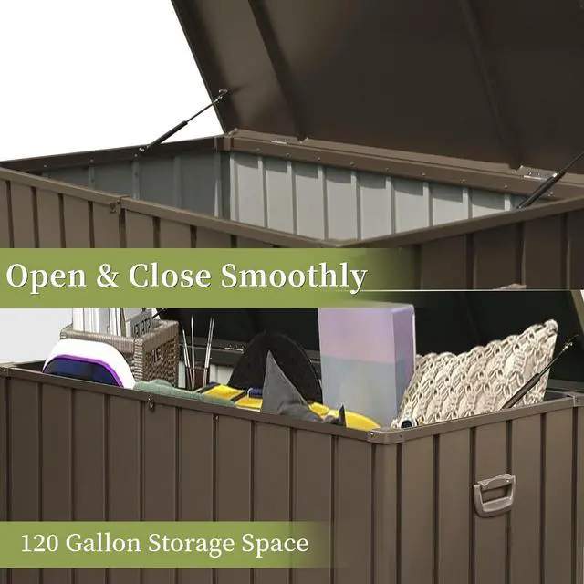 Alt view image 4 of 7 - 120 Gallon Outdoor Storage Deck Box Waterproof, Large Patio Storage Bin for Outside Cushions, Throw Pillows, Garden Tools, Lockable (Dark Brown)