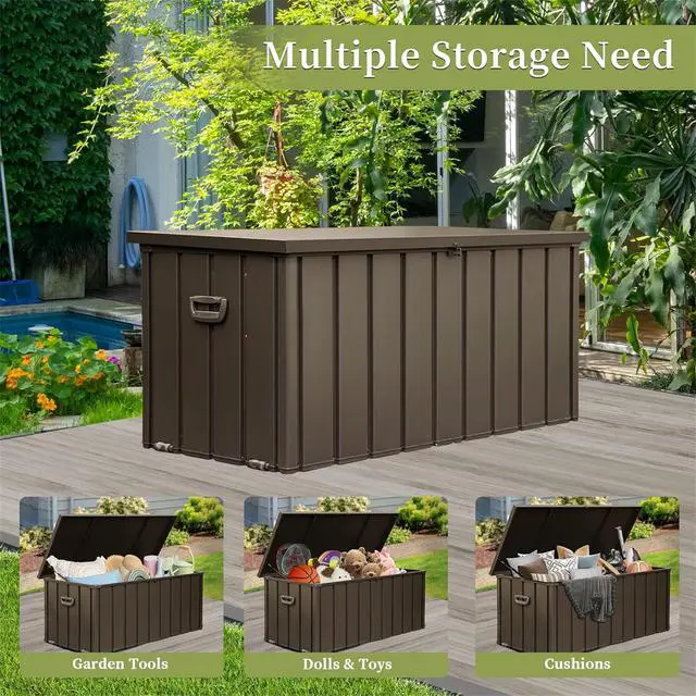 Alt view image 2 of 7 - 120 Gallon Outdoor Storage Deck Box Waterproof, Large Patio Storage Bin for Outside Cushions, Throw Pillows, Garden Tools, Lockable (Dark Brown)