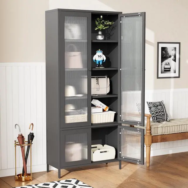 Alt view image 2 of 7 - Large Metal Storage Cabinet Display Cabinet with 4 Glass Doors 5 Shelves Side Cabinet Bookcase Freestanding Cabinet for Bedroom Living Room Pantry Home Office - Black, Fluted Tempered Glass