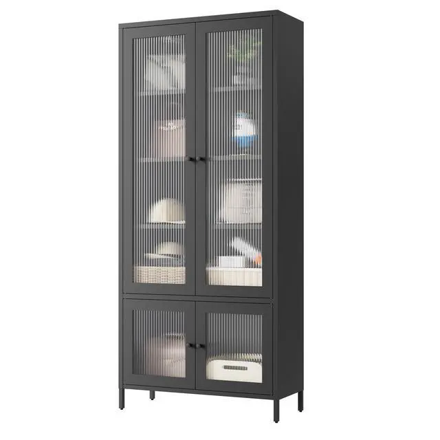 Alt view image 4 of 7 - Large Metal Storage Cabinet Display Cabinet with 4 Glass Doors 5 Shelves Side Cabinet Bookcase Freestanding Cabinet for Bedroom Living Room Pantry Home Office - Black, Fluted Tempered Glass