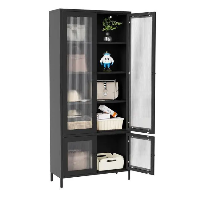 Alt view image 5 of 7 - Large Metal Storage Cabinet Display Cabinet with 4 Glass Doors 5 Shelves Side Cabinet Bookcase Freestanding Cabinet for Bedroom Living Room Pantry Home Office - Black, Fluted Tempered Glass