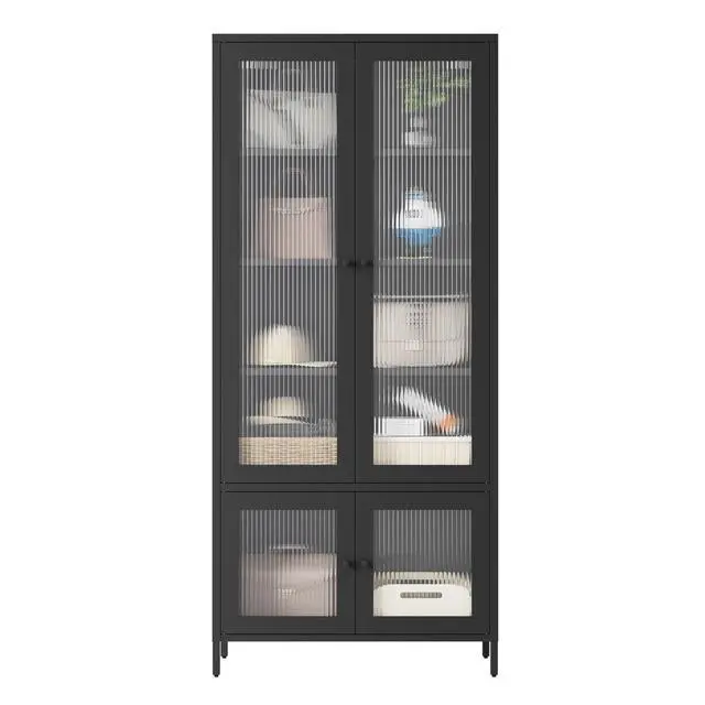 Alt view image 6 of 7 - Large Metal Storage Cabinet Display Cabinet with 4 Glass Doors 5 Shelves Side Cabinet Bookcase Freestanding Cabinet for Bedroom Living Room Pantry Home Office - Black, Fluted Tempered Glass