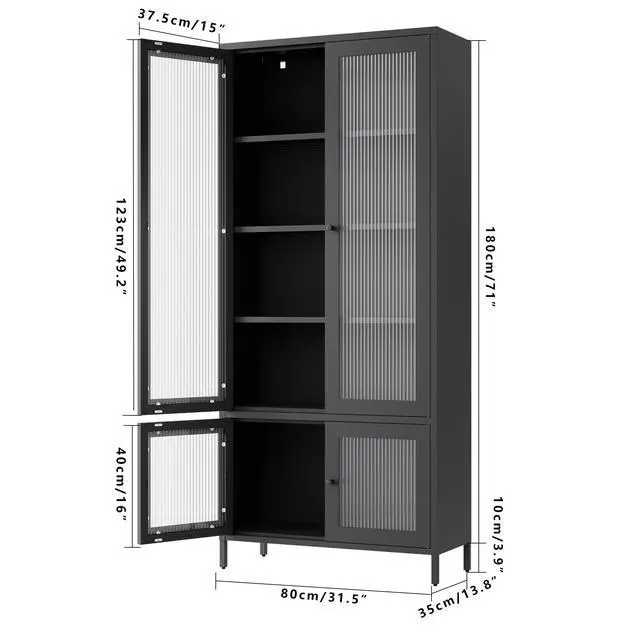 Alt view image 7 of 7 - Large Metal Storage Cabinet Display Cabinet with 4 Glass Doors 5 Shelves Side Cabinet Bookcase Freestanding Cabinet for Bedroom Living Room Pantry Home Office - Black, Fluted Tempered Glass
