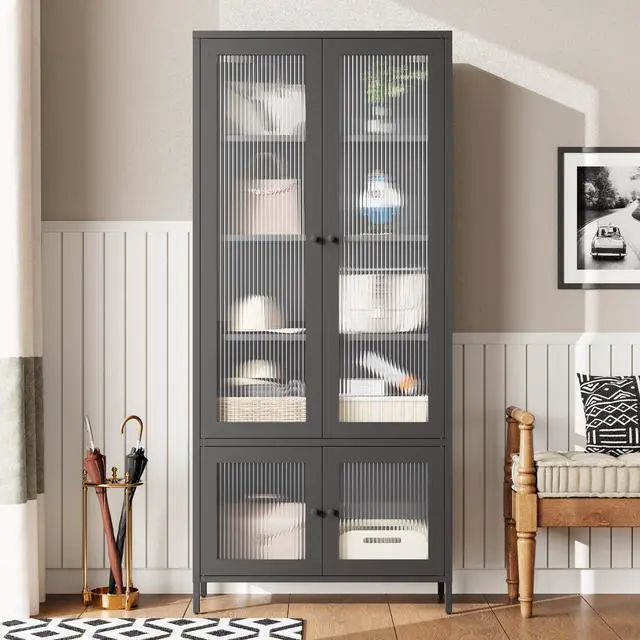 Alt view image 3 of 7 - Large Metal Storage Cabinet Display Cabinet with 4 Glass Doors 5 Shelves Side Cabinet Bookcase Freestanding Cabinet for Bedroom Living Room Pantry Home Office - Black, Fluted Tempered Glass