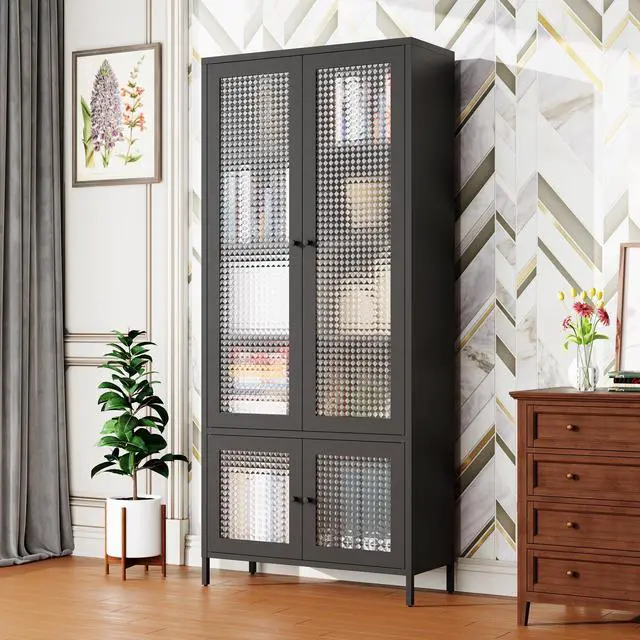 Main image of Large Metal Storage Cabinet Display Cabinet with 4 Glass Doors 5 Shelves Side Cabinet Bookcase Freestanding Cabinet for Bedroom Living Room Pantry Home Office - Black, Waffle-Grids Tempered Glass