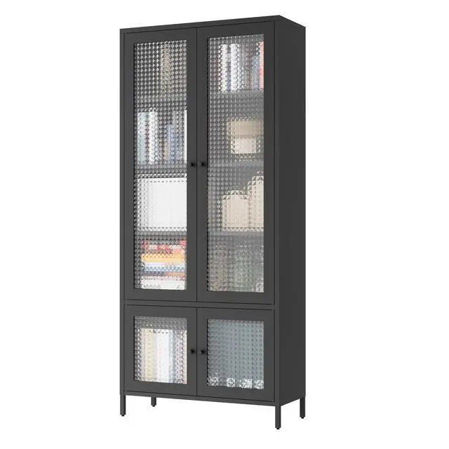 Alt view image 4 of 7 - Large Metal Storage Cabinet Display Cabinet with 4 Glass Doors 5 Shelves Side Cabinet Bookcase Freestanding Cabinet for Bedroom Living Room Pantry Home Office - Black, Waffle-Grids Tempered Glass