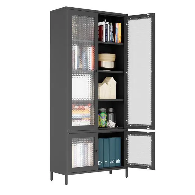 Alt view image 5 of 7 - Large Metal Storage Cabinet Display Cabinet with 4 Glass Doors 5 Shelves Side Cabinet Bookcase Freestanding Cabinet for Bedroom Living Room Pantry Home Office - Black, Waffle-Grids Tempered Glass
