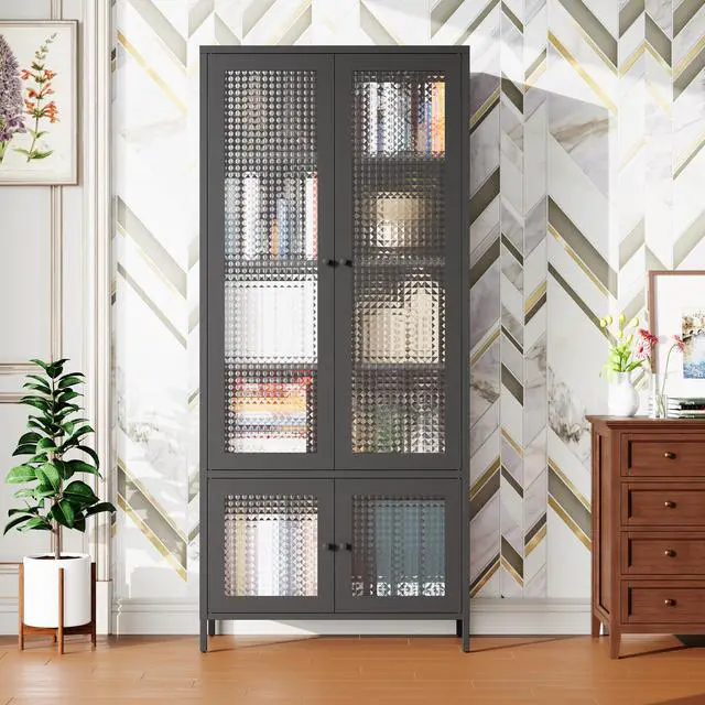 Alt view image 3 of 7 - Large Metal Storage Cabinet Display Cabinet with 4 Glass Doors 5 Shelves Side Cabinet Bookcase Freestanding Cabinet for Bedroom Living Room Pantry Home Office - Black, Waffle-Grids Tempered Glass