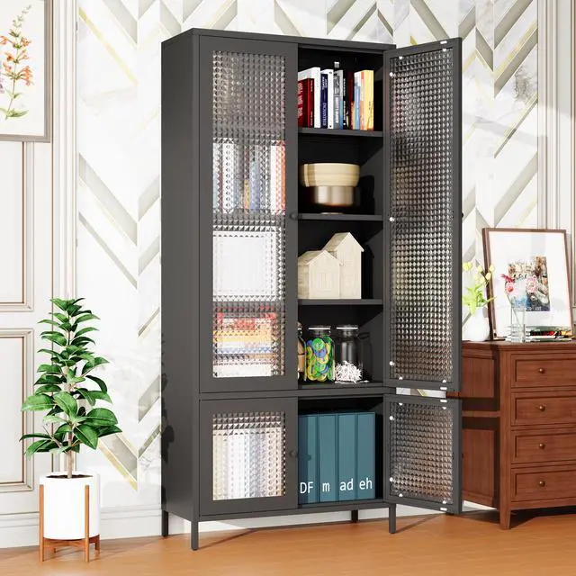 Alt view image 2 of 7 - Large Metal Storage Cabinet Display Cabinet with 4 Glass Doors 5 Shelves Side Cabinet Bookcase Freestanding Cabinet for Bedroom Living Room Pantry Home Office - Black, Waffle-Grids Tempered Glass