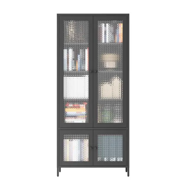 Alt view image 6 of 7 - Large Metal Storage Cabinet Display Cabinet with 4 Glass Doors 5 Shelves Side Cabinet Bookcase Freestanding Cabinet for Bedroom Living Room Pantry Home Office - Black, Waffle-Grids Tempered Glass