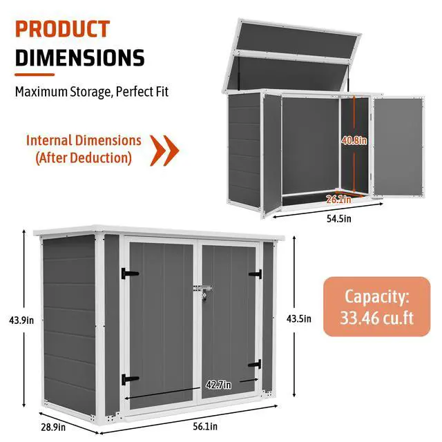 Alt view image 2 of 7 - Horizontal Outdoor Storage Shed with Ramp & Hydraulic Lid, Lockable Waterproof Storage Cabinet for Trash Cans, Tools & Firewood