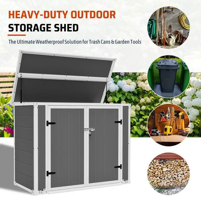 Alt view image 5 of 7 - Horizontal Outdoor Storage Shed with Ramp & Hydraulic Lid, Lockable Waterproof Storage Cabinet for Trash Cans, Tools & Firewood