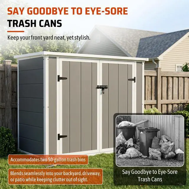 Alt view image 7 of 7 - Horizontal Outdoor Storage Shed with Ramp & Hydraulic Lid, Lockable Waterproof Storage Cabinet for Trash Cans, Tools & Firewood