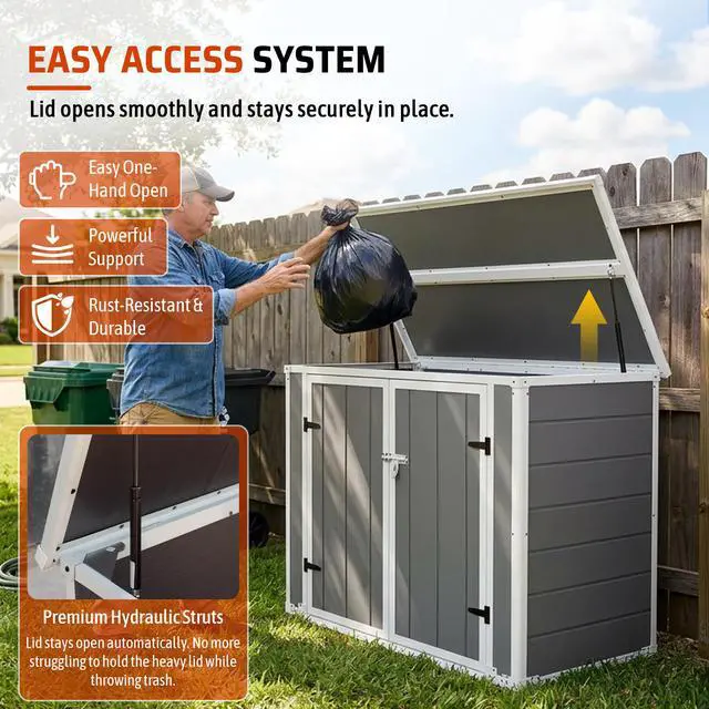 Alt view image 6 of 7 - Horizontal Outdoor Storage Shed with Ramp & Hydraulic Lid, Lockable Waterproof Storage Cabinet for Trash Cans, Tools & Firewood
