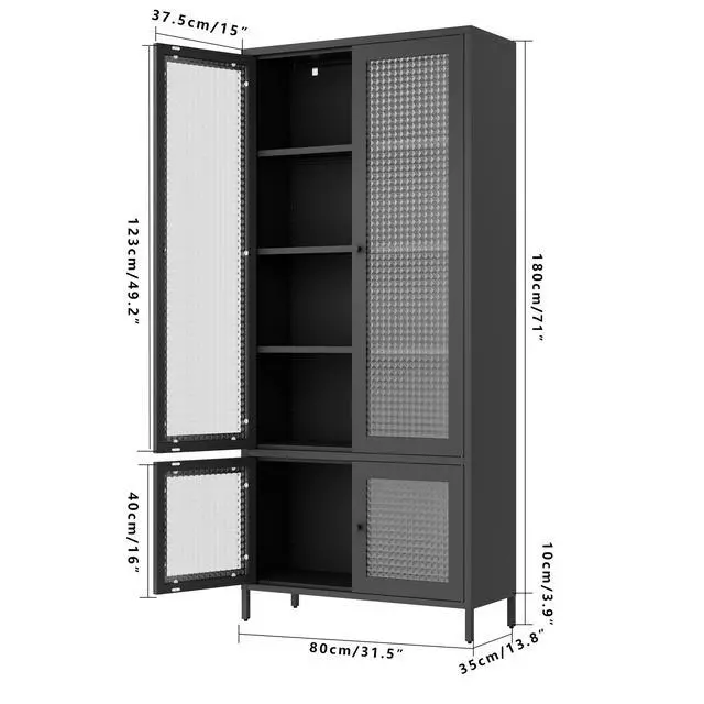 Alt view image 7 of 7 - Large Metal Storage Cabinet Display Cabinet with 4 Glass Doors 5 Shelves Side Cabinet Bookcase Freestanding Cabinet for Bedroom Living Room Pantry Home Office - Black, Waffle-Grids Tempered Glass