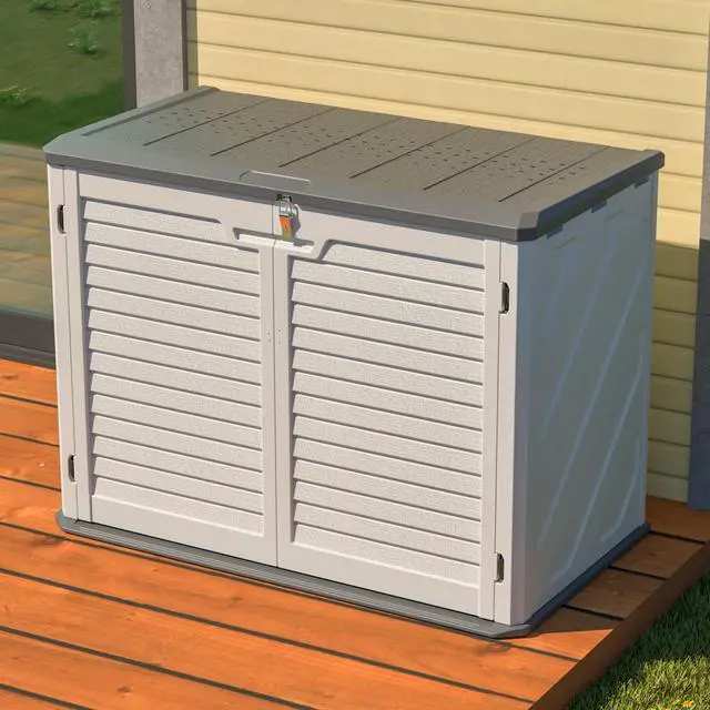 Main image of Horizontal Storage Shed Weather Resistance, Large Outdoor Storage Cabinet Lockable, Thick HDPE Plastic Storage Unit for Backyards, Patio, Garden(28 Cu.ft/Ivory ) White