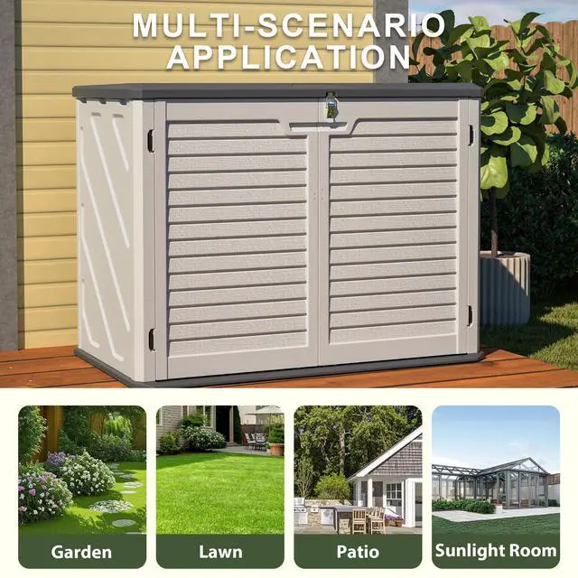 Alt view image 6 of 7 - Horizontal Storage Shed Weather Resistance, Large Outdoor Storage Cabinet Lockable, Thick HDPE Plastic Storage Unit for Backyards, Patio, Garden(28 Cu.ft/Ivory ) White