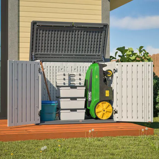 Alt view image 7 of 7 - Horizontal Storage Shed Weather Resistance, Large Outdoor Storage Cabinet Lockable, Thick HDPE Plastic Storage Unit for Backyards, Patio, Garden(28 Cu.ft/Ivory ) White
