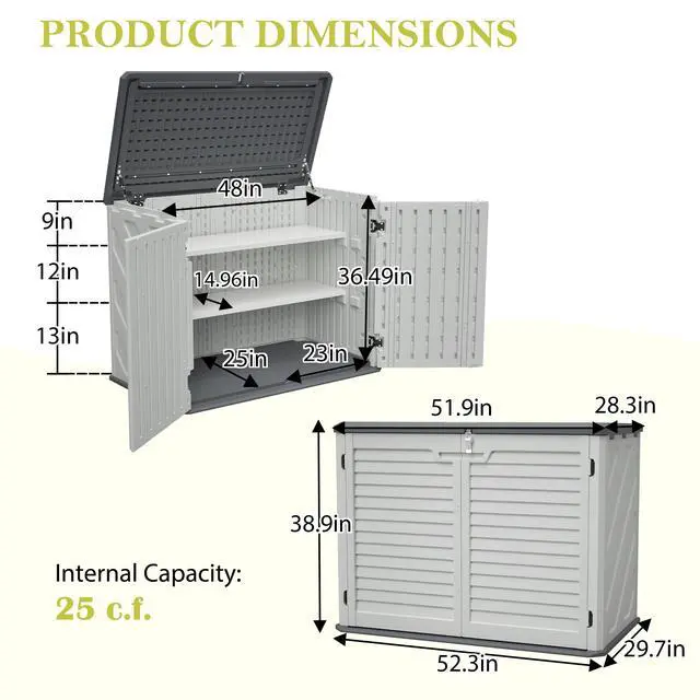 Alt view image 2 of 7 - Horizontal Storage Shed with Removable Shelf, Large Lockable Outdoor Storage Cabinet, Weather-Resistant HDPE Plastic Storage Unit for Backyard, Patio, Garden 28 Cu.ft, Ivory White