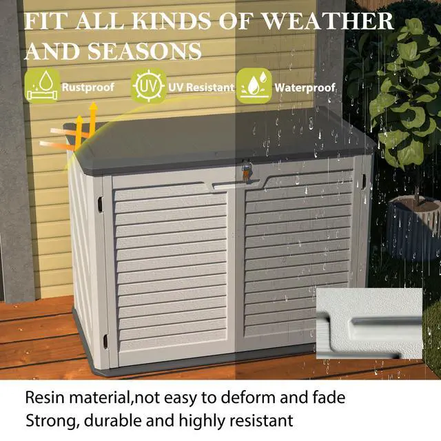 Alt view image 5 of 7 - Horizontal Storage Shed with Removable Shelf, Large Lockable Outdoor Storage Cabinet, Weather-Resistant HDPE Plastic Storage Unit for Backyard, Patio, Garden 28 Cu.ft, Ivory White